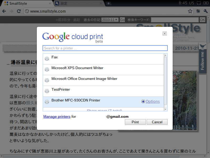 Chrome OS の印刷画面